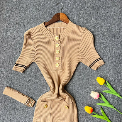 YuooMuoo 2025 Autumn Winter Women Knitted Dress Brand Fashion O-neck Buttons Bodycon Sweater Dress with Belt Lady Office Dress