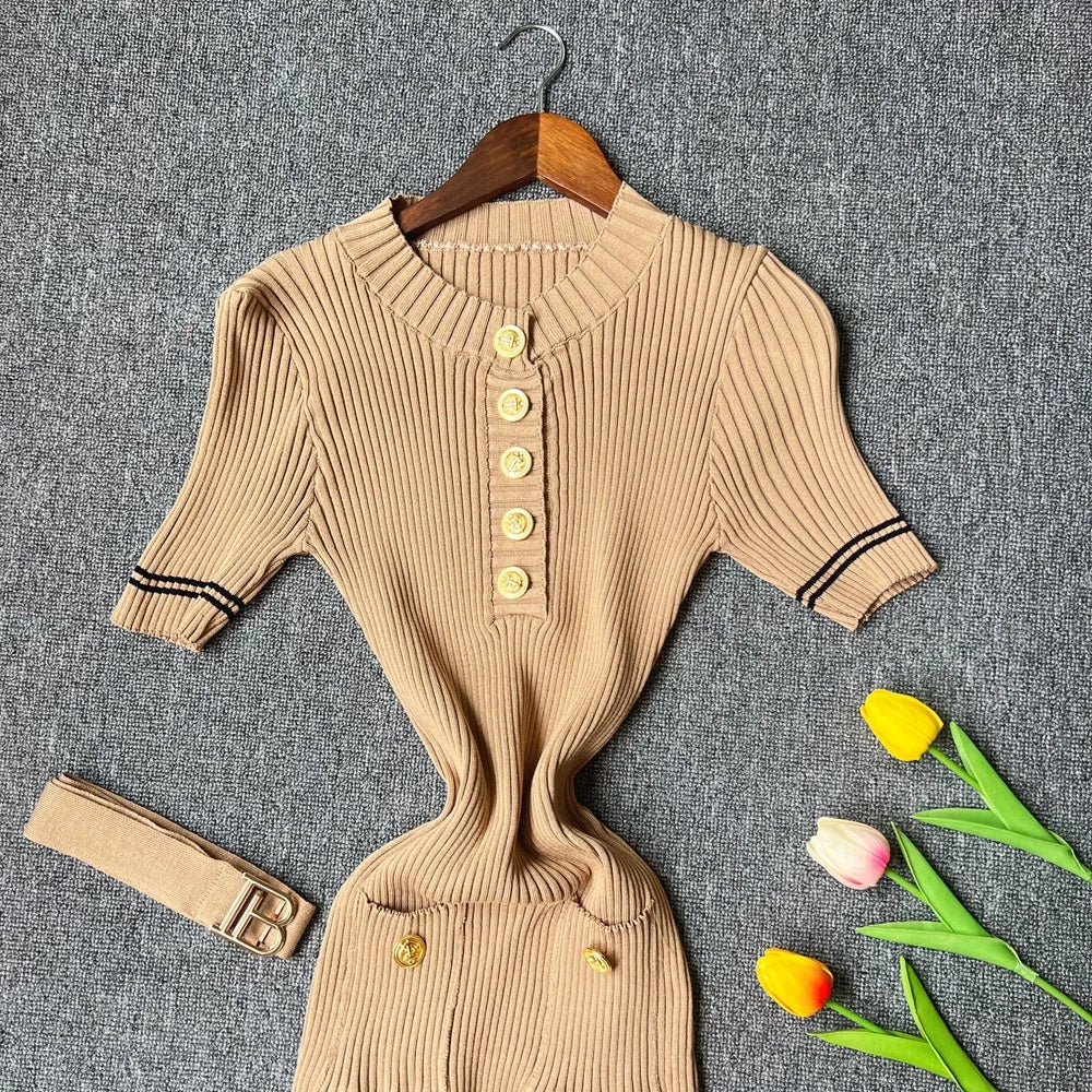 YuooMuoo 2025 Autumn Winter Women Knitted Dress Brand Fashion O-neck Buttons Bodycon Sweater Dress with Belt Lady Office Dress