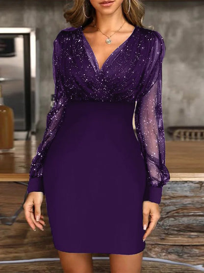 Sexy V-Neck See Through Long Sleeve Dress Women Spring Autumn New Year Party Mini Dresses vestidos cortos