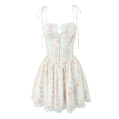 YENKYE Sexy Elegant Women Lace Patchwork Floral Print Sling Mini Dress Low Waist A-line Summer Holiday Party Dresses Pretty Robe