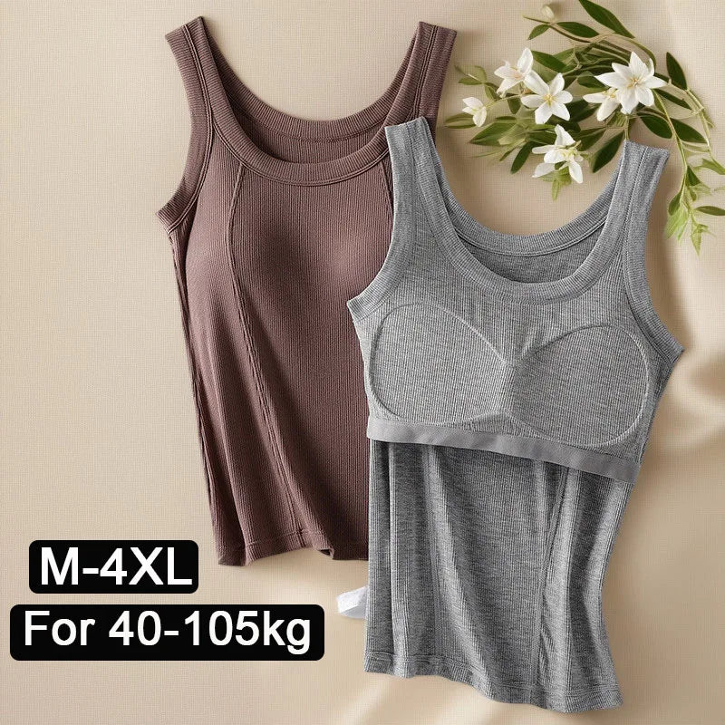 M-4XL For 45-105kg Threaded Cotton Plus Size Camisole Top with Built-in Bra For Women Modal Seamless Underwear Tank Tops