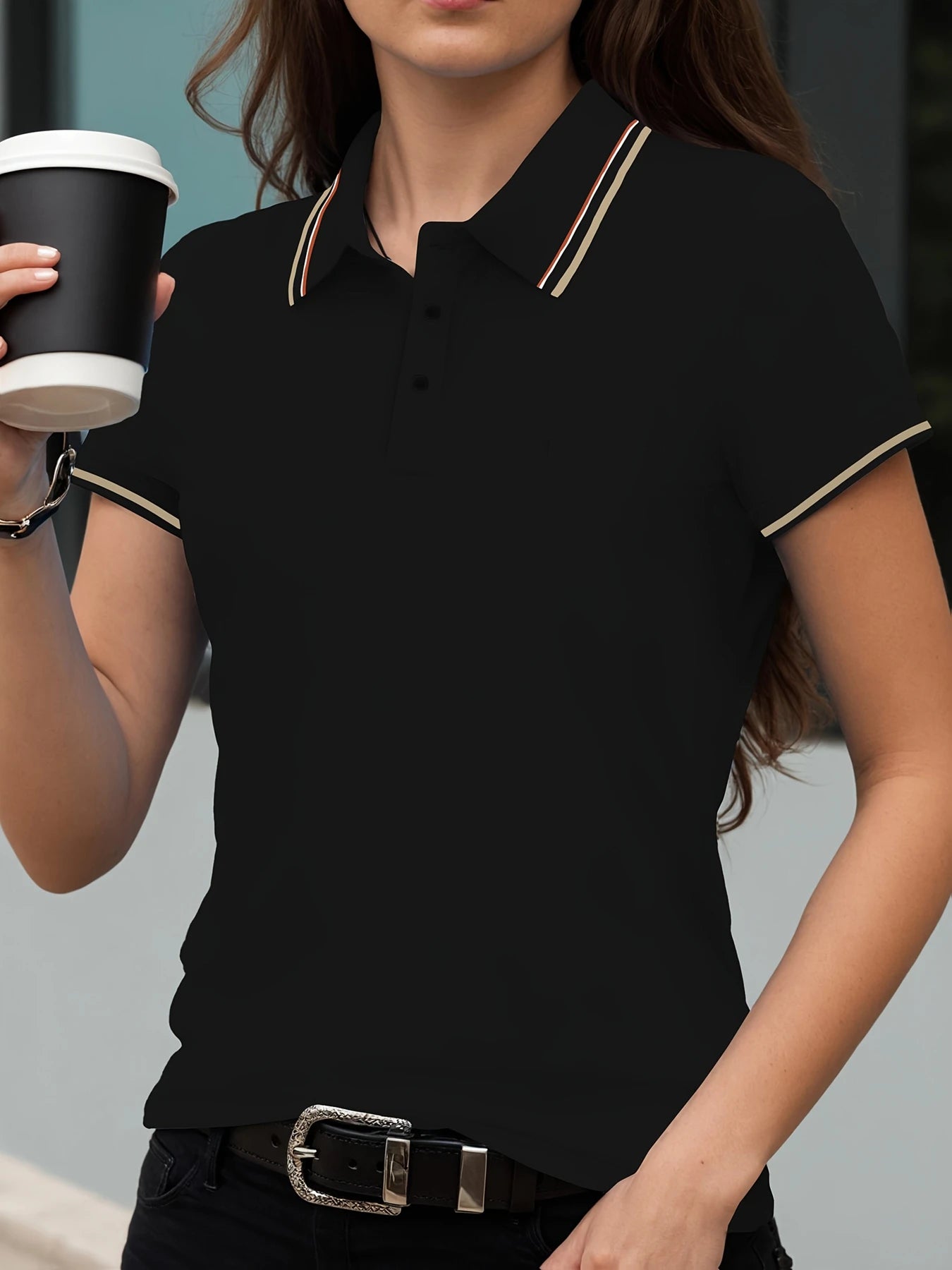 Summer Solid Color Women Stripe Polo Shirts Sport Culture T-Shirts Collar Soft Streetwear All-Match Casual Woman Short Sleeve