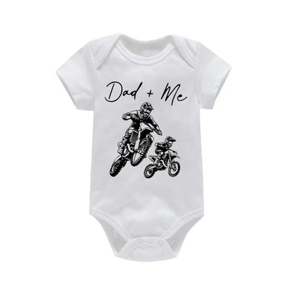"Dad + Me" Cartoon Motorcycle Print Short Sleeve Newborn Baby Bodysuit Toddler & Infant Boy's Onesie for Summer Clothing