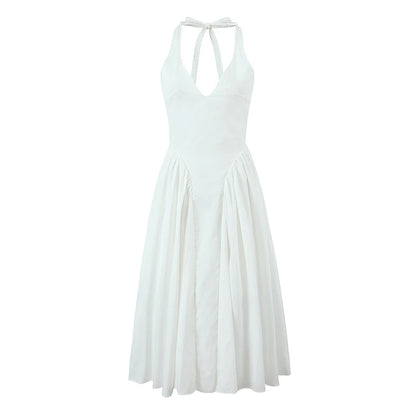 YENKYE Sexy Backless Green Elegant Halter Dress For Women Low Waist A-line Midi Summer Evening Party Dresses Cotton Robe