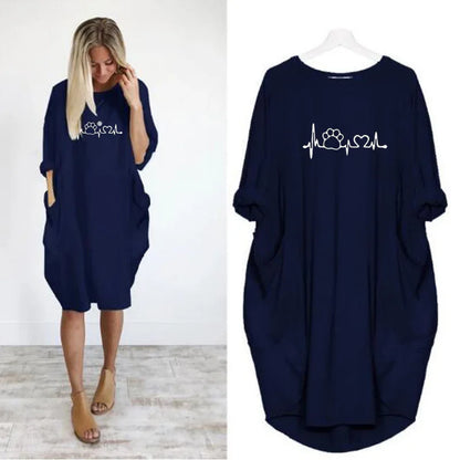 Women's Loose  Long Sleeved Summer Plus Size Dress Autumn  Winter Casual Round Neck Solid Color Long Sleeve Pocket Loose Pullove