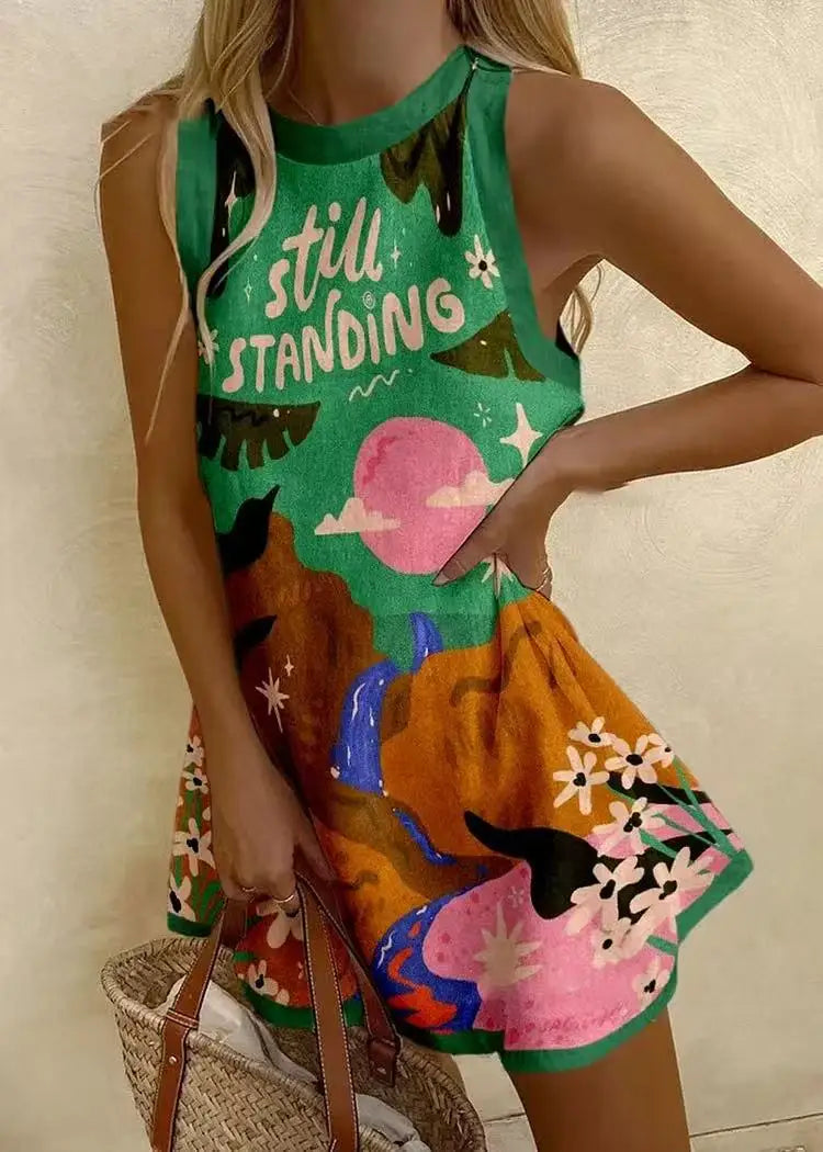 2025 Summer Casual print loose mini Dresses For Woman Fashion Beach Marine elements Dress o-neck  Sleeveless party Dress
