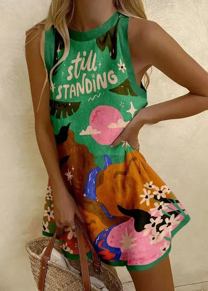 2025 Summer Casual print loose mini Dresses For Woman Fashion Beach Marine elements Dress o-neck  Sleeveless party Dress