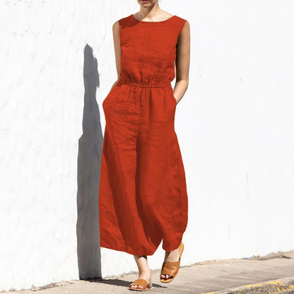 Cotton And Linen Jumpsuit Women Solid Color Sleeveless Pocket High Waist Wide Legs Jumpsuits Casual Commuting Ladies Bodysuits