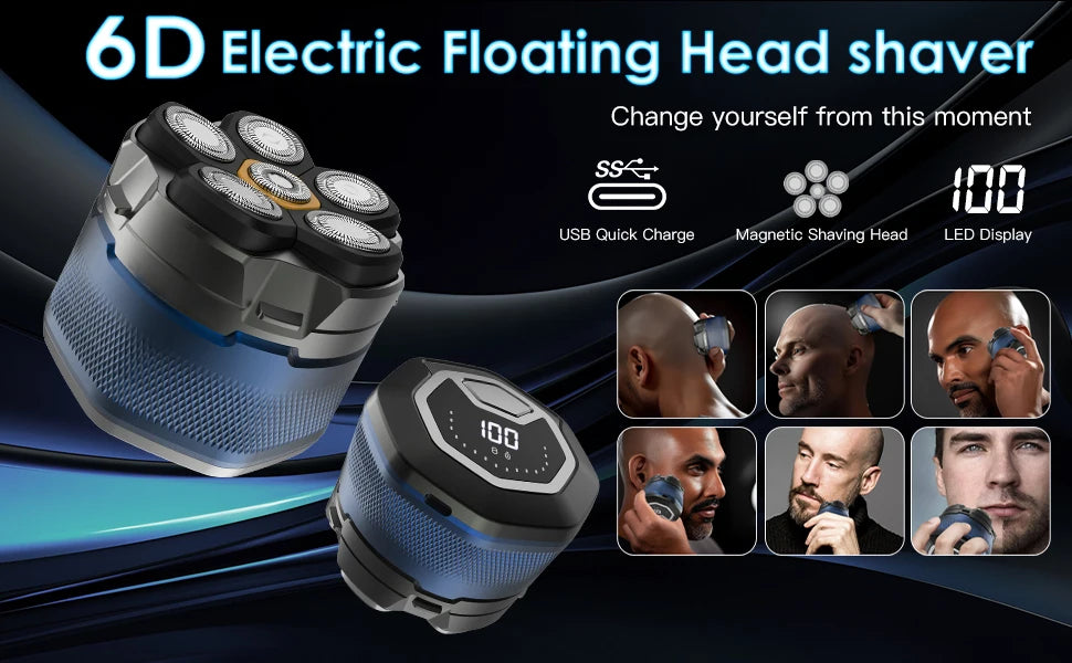 Electric Head Shavers for Bald Men 6D Magnetic Razor Hair Trimmer USB Rechargeable LED Display Waterproof Beard Shavers