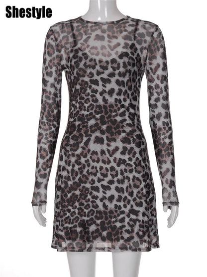 Shestyle Leopard Sexy A-Line Dress Women Two Piece Sets Mesh See Through Fashion Extremely Hot High Street Animal Print Stylish