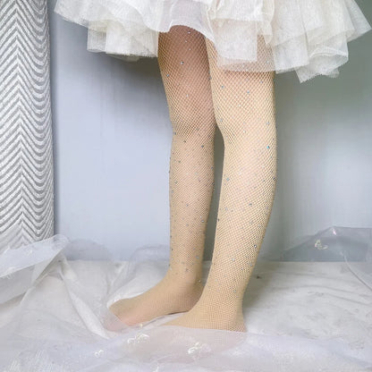 Kids Girl with Rhinestone Fashion Fishnet Stockings Hollow Lace Glitter Pantyhose for Children Girl Summer Mesh Baby Hosiery