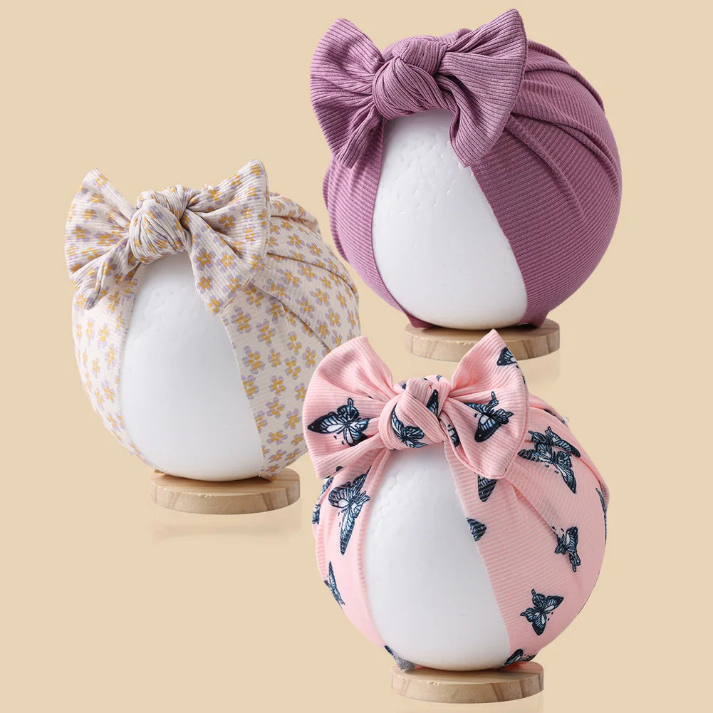 3Pcs/Lot Baby Boys Girls Flower Print Baby India Turban Hats Sweet Hair Bows Topknotted Caps Beanies Ins Bear Heart Headwraps