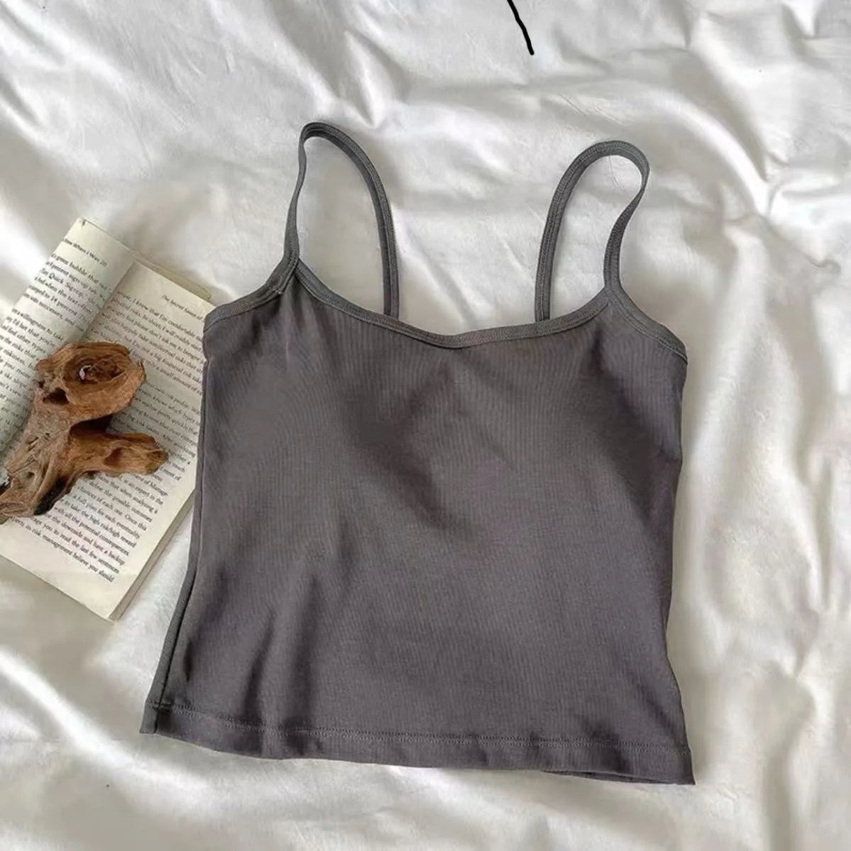 Women's Solid Color Spaghetti Straps Sleeveless Slim Camisole with Chest Pad Cotton Summer Wear Outside Female Short Tops Vests