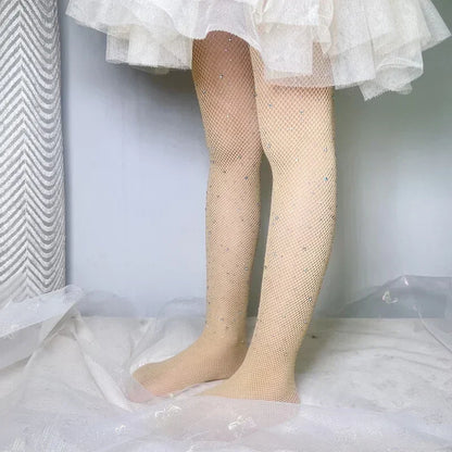 Kids Girl with Rhinestone Fashion Fishnet Stockings Hollow Lace Glitter Pantyhose for Children Girl Summer Mesh Baby Hosiery