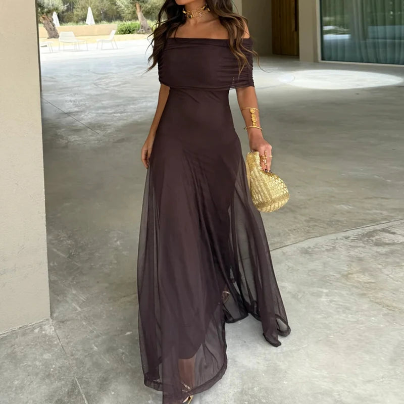 Casual Asymmetrical Dress Summer Slanted Collar High Waist Pleats Long Dress Lady Elegant One Shoulder Sleeve Slim Banquet Dress