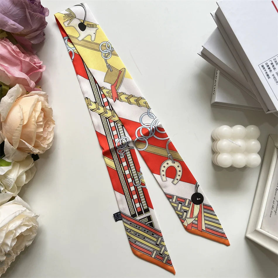 New Long Small Silk Scarf Headband Women's Double-sided Elegant Binding Strap Streamer Small Scarf Gift Ribbon Silk Scarf