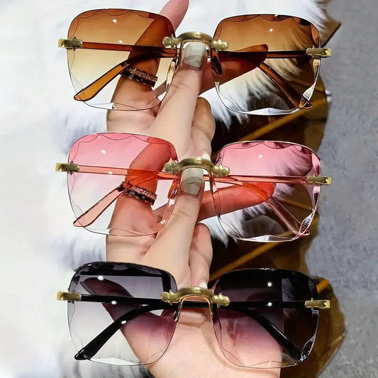 3PCS Square Rimless Sunglasses Women Luxury Brand Designer Summer Red Glasses Fashion Sun glasses For Men UV400 Shades Oculos