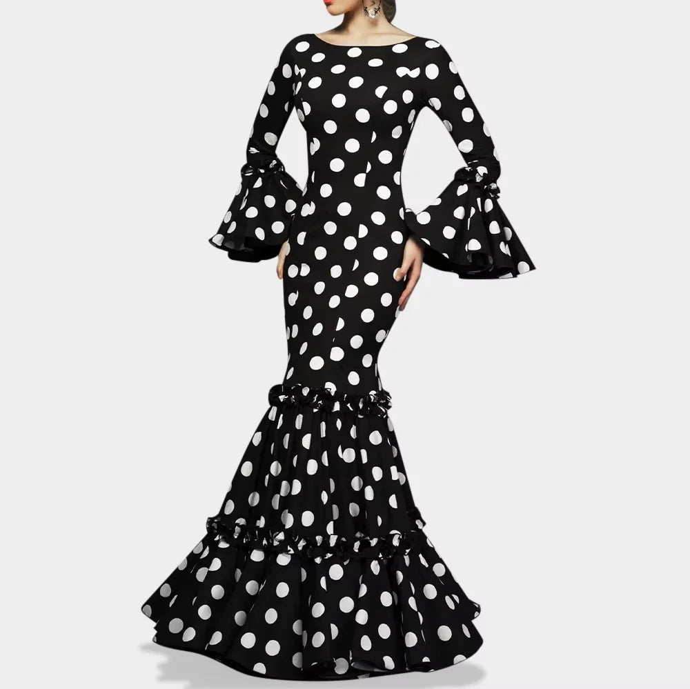 Elegant Party Long Dress Women Polka Dot Printed Ruffle Hem Sundress 2025 Bohemian Casual O-neck Flare Sleeve Slim Maxi Robe