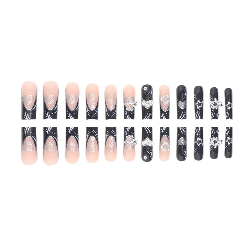 24PCS/1BOX Black French Wearing Sweet and Cool Nail Patch Glitter Love Stars in Europe and America Dark Department Fake Nail