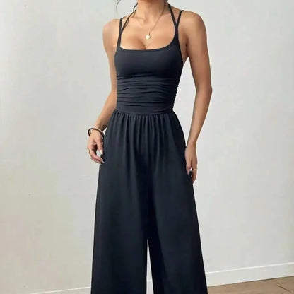Women's Summer Black Casual Pleated Loose Straight-Leg Jumpsuit, Adjustable Halter Neck Tie