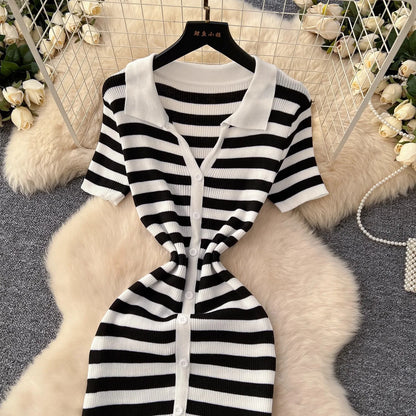 YuooMuoo Chic Fashion Sexy Wrap Hips Knitted Maxi Dress 2026 Summer Women Single-breasted Stripes Sweater Dress Streetwear Robes