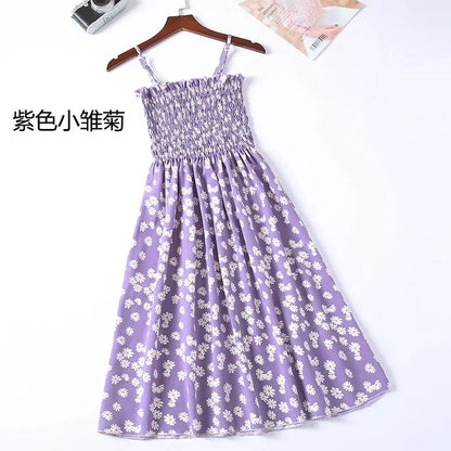 Summer Chiffon Camisole Sleeveless Dress Women Mini Dresses Fashion Elastic  Waist Casual Spaghetti Strap Dresses Vestidos Girls