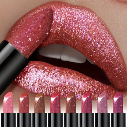 Metallic Shimmer Lipstick, Pearly Glitter Shine, Creamy Texture, High Color Payoff, Smooth Apply, Party Makeup