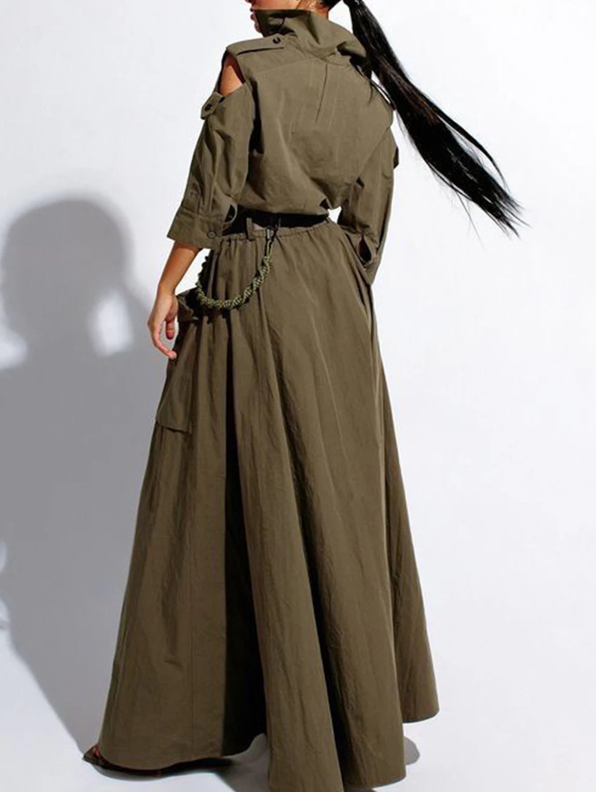 Summer Dress for Women 2026 Retro Turn-down Collar Cold Shoulder Half Sleeve Zipper Belt Pockets Split High Waist Maxi Dresses