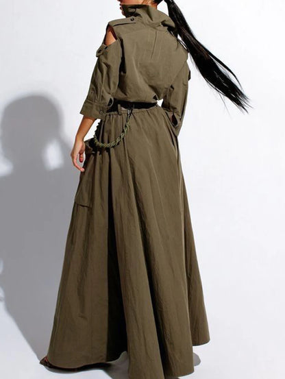 Summer Dress for Women 2026 Retro Turn-down Collar Cold Shoulder Half Sleeve Zipper Belt Pockets Split High Waist Maxi Dresses