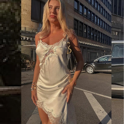 HXAO Slip Womens Dresses Sleeveless Black Lace Dress Woman Asymmetrical Elegant Party Dresses Sexy Backless Satin Yellow Dress