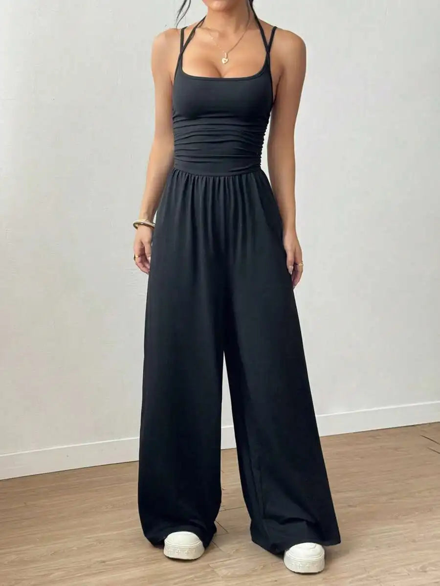 Women's Summer Black Casual Pleated Loose Straight-Leg Jumpsuit, Adjustable Halter Neck Tie