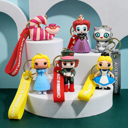 Alice in Wonderland Silicone Keychain Lovely 3D Anime Film Figure Key Chain Keyrings Backpack Bag Car Accessories Gift