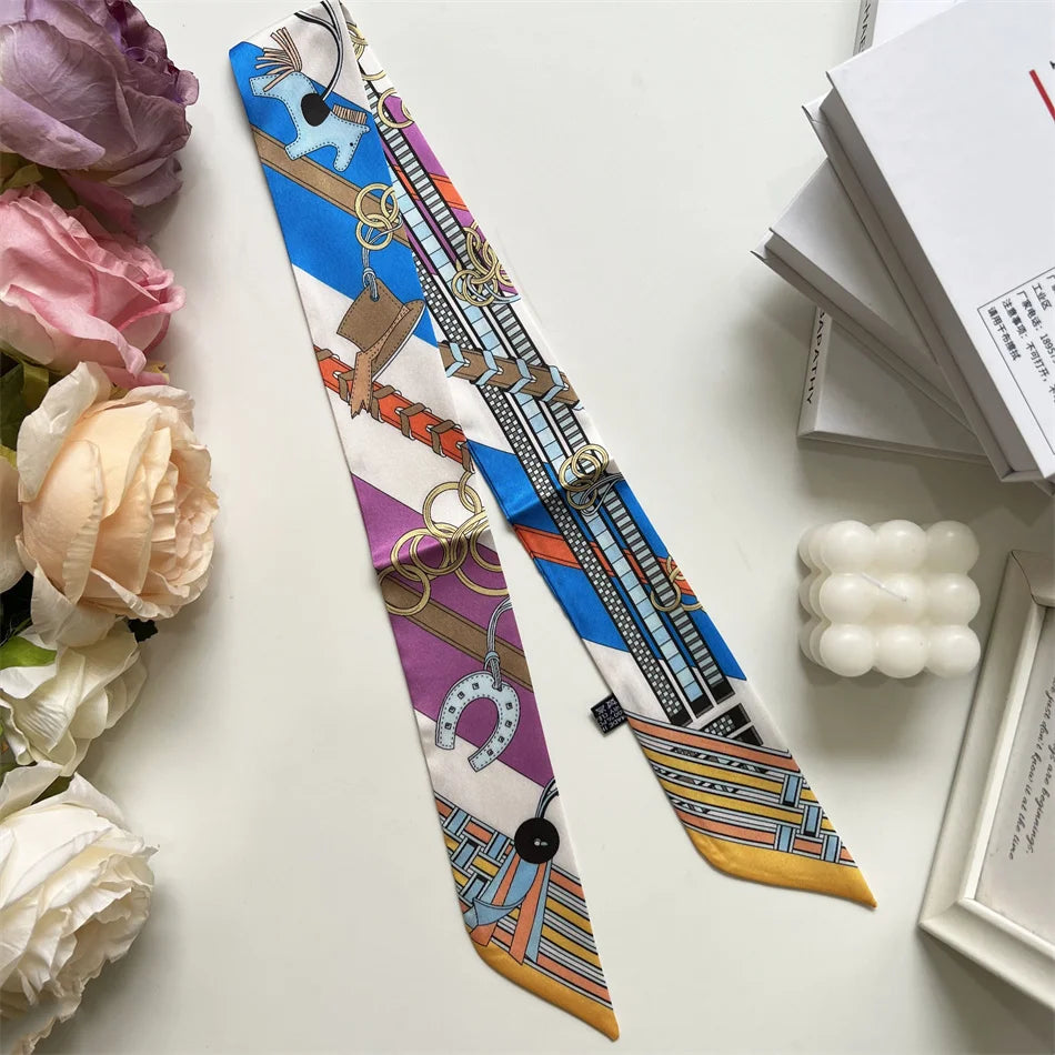 New Long Small Silk Scarf Headband Women's Double-sided Elegant Binding Strap Streamer Small Scarf Gift Ribbon Silk Scarf