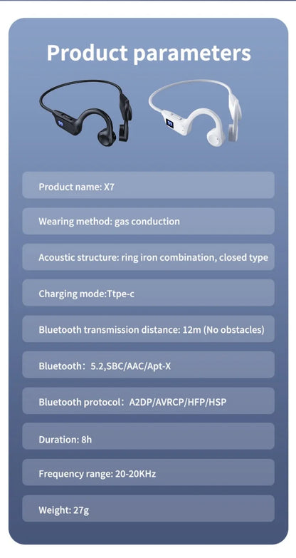 X7 Wireless Bluetooth Earphones, Sports-Style Air-Conducting LED Battery Display, Memory Card Insertion Support