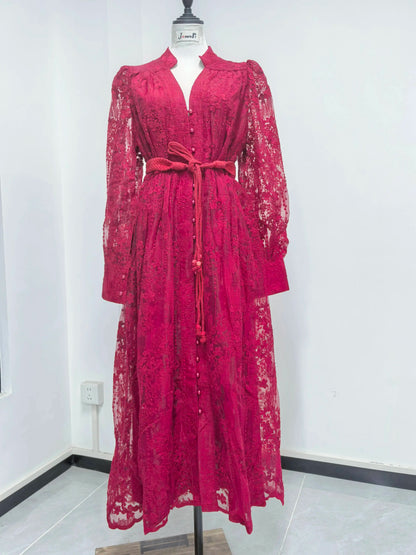 Luxury Embroidery Formal Dresses Women Summer Autumn Lantern Long Sleeve Lace Vestidos Pearl Prom Evening Birthday Dress Party
