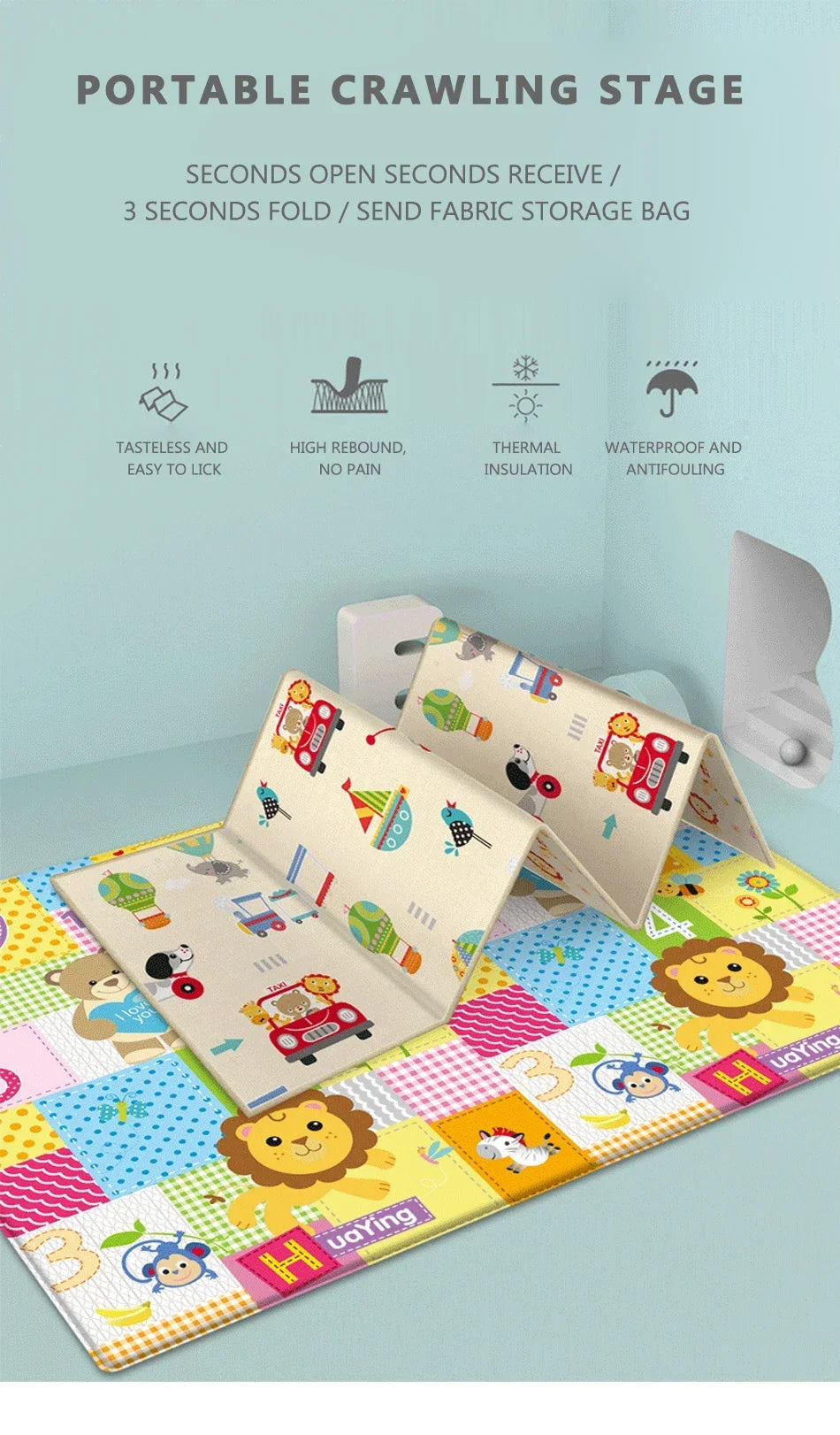 Foldable Baby Play Mat Children's Double-sided Pattern Protection Non-slip Activity Carpet Children's Educational Activity Mat