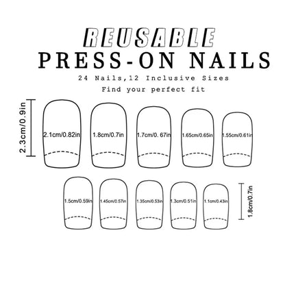 24pcs/set short square fake nails for women girls faux ongles fashion glitter geometric flowers design press on false nail kit