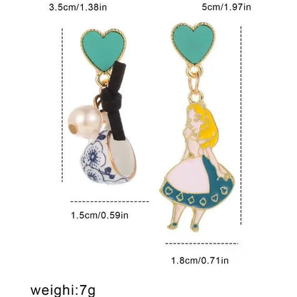 Carton Fairy Tale Princess Alice Asymmetry Earrings Imitation Pearl Blue Heart Dangle Earrings Cute Girls Enamel Earrings