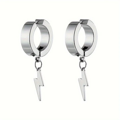 1pair Stylish Stainless Steel Lightning Pendant Piercing Hoop Earrings Ear Clip for Men Women Bold and Eye-Catching Statement