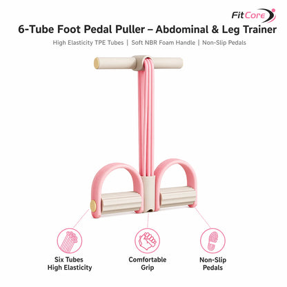 Pink 6-Tube Foot Pedal Resistance Band Space-Saving Figure Sculpting Tool Portable Home Fitness for Ab Core Back Shaping