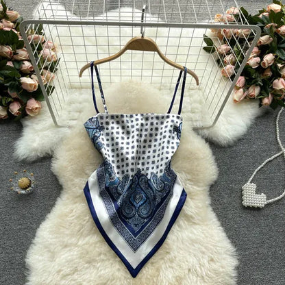 Women Sexy Backless asymmetrical lace-up Camis Print Tank Top Chic One-piece Corset Bustier Summer Beach vacation Crop Top