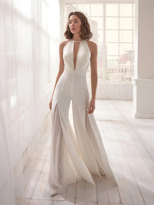 Sexy Deep V-neck Jumpsuits Women Sleeveless Halter Neck Backless Lace Hollow Out Wide Legs Slit Flared Jumpsuit Elegant Fashions