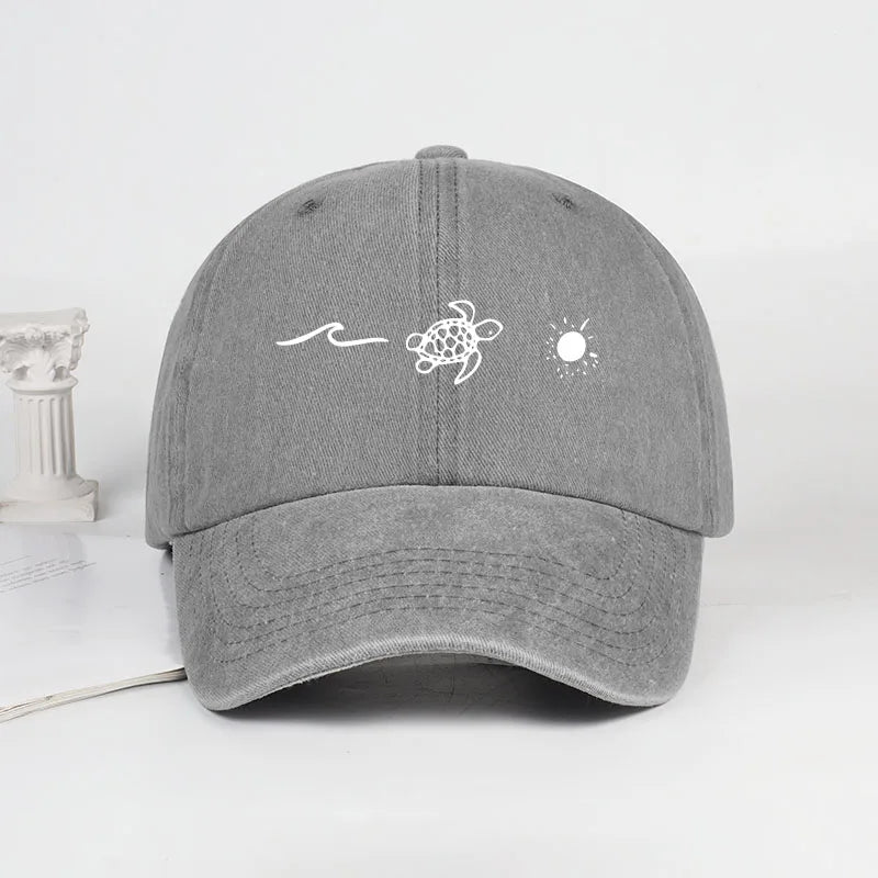 Retro Washed Baseball Cap with Wave, Turtle, and Sun Print – Unisex Adjustable Dad Cap – Summer Beach Sun Hat