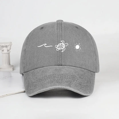 Retro Washed Baseball Cap with Wave, Turtle, and Sun Print – Unisex Adjustable Dad Cap – Summer Beach Sun Hat