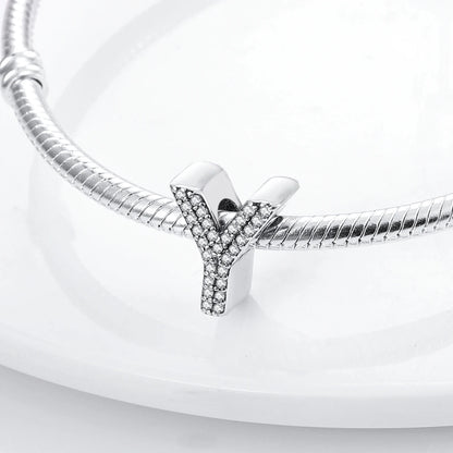 Original 925 Sterling Silver 26 Alphabet Letters Sparkling Zircon Charms Pendant Beads For Women Fine DIY Birthday Jewelry Gifts