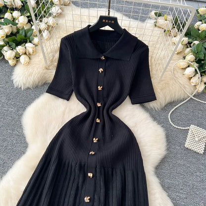 YuooMuoo Chic Fashion Elegant Patchwork Knitted Maxi Dress 2025 Summer Lady Turn-down Collar Shirt Sweater Dress Party Vestidos