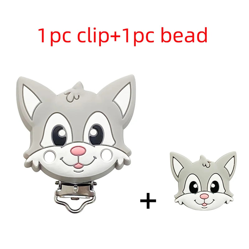 2pcs Silicone Cartoon Animal Teething Toy Fox Panda Elephant Food-Grade Silicone Nipple Necklace Clip Baby Toy Gift