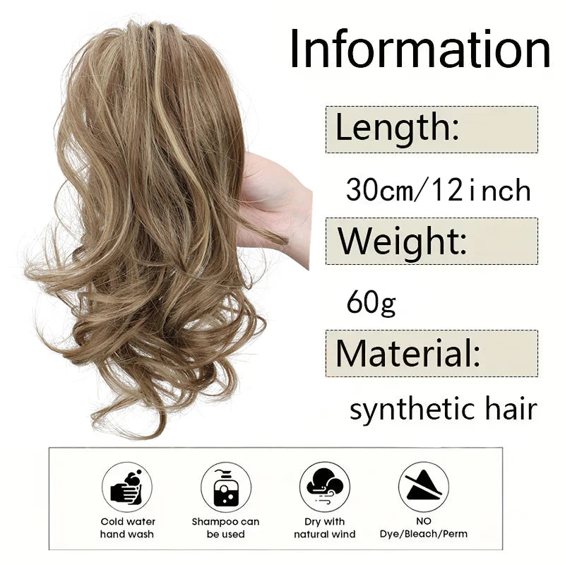 12 Inch Short Curly Clip-In Ponytail Extension-Synthetic Hair for Women Voluminous Claw Clip Hairpiece for Everyday Wear
