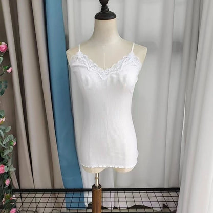 Birdtree 70% Silk 30% Cotton Lace Camisole Women Knit Tank Top Spaghetti Strap Elastic Slim Basic Sleepwear Vest Summer T35701C