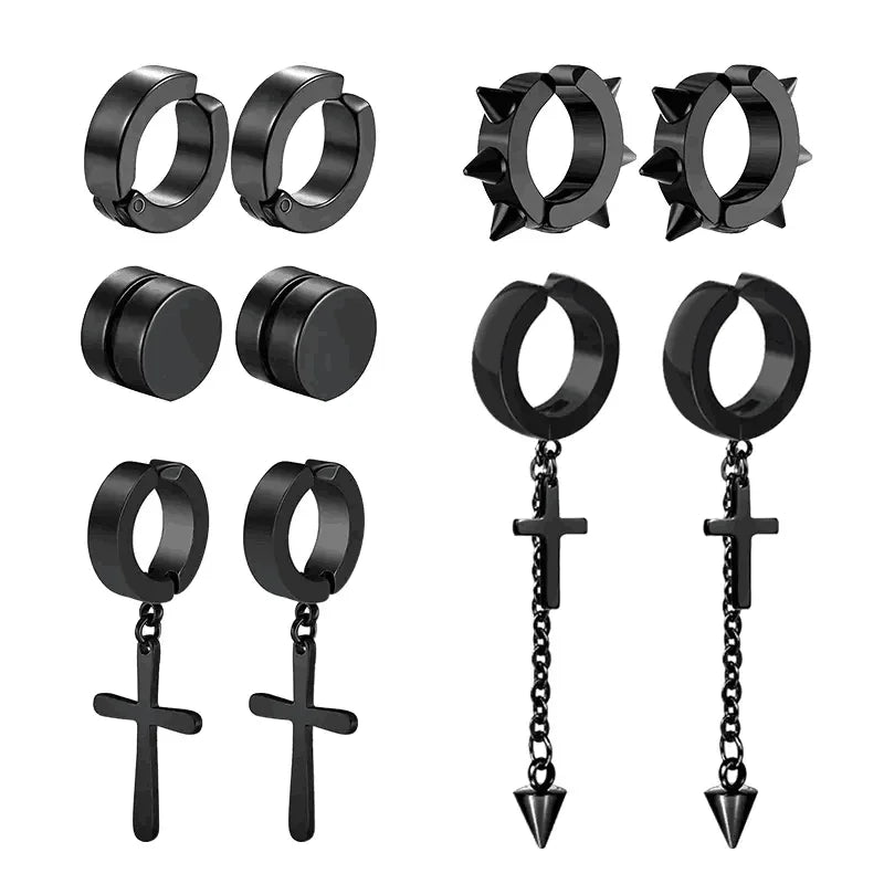 1-5 pairs of fashionable men's punk cross pendants stainless steel earless magnet earrings set